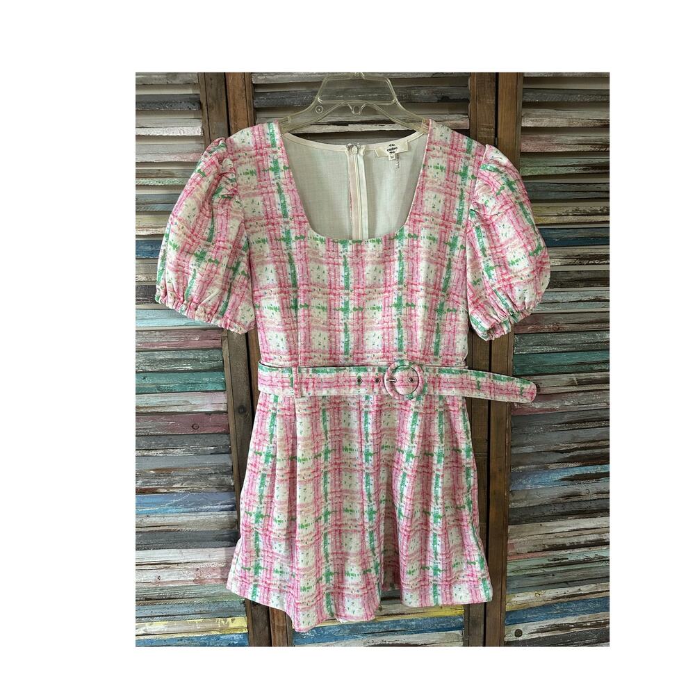 Entro Plaid Belted Texture Short Romper M Pink Green Preppy Classy